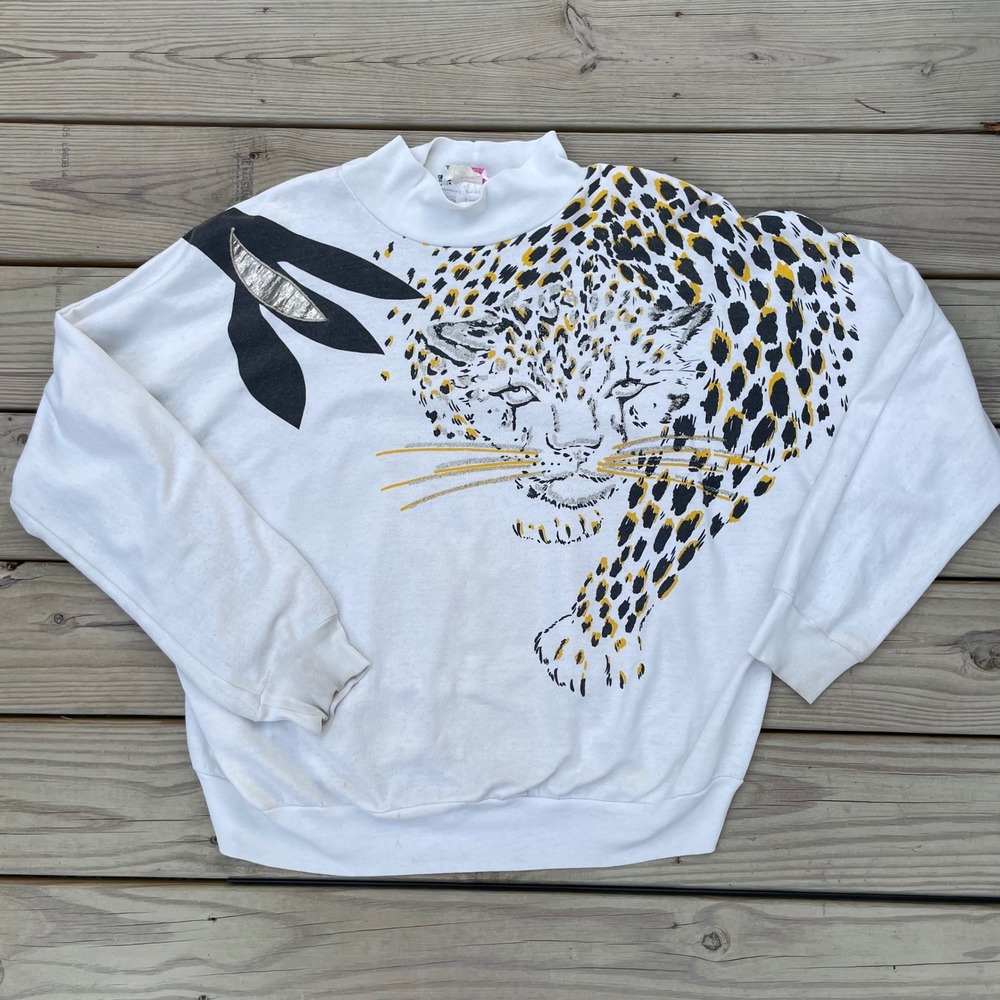 Vintage Knit Away Leopard Graphic Sweatshirt White Mock Neck Glitter Plus Kitsch